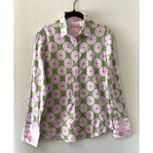 Tizzie Women’s Shirt Medium Medallion Flip Cuff Button Down Green Pink Preppy